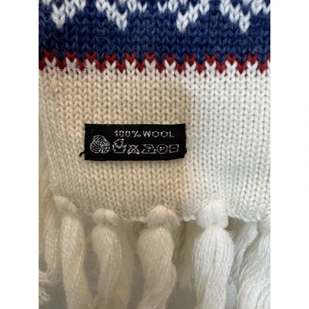 Wool Knit Scarf Womens Blue White‎ Fair Isle Tassel Fringe Winter Warm